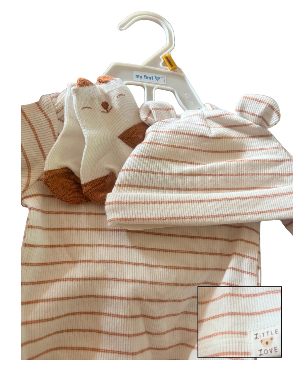Carter's Cream & Rust Striped 4-Piece Pajama Set with Animal Socks & Bear Hat - Picture 3 of 4